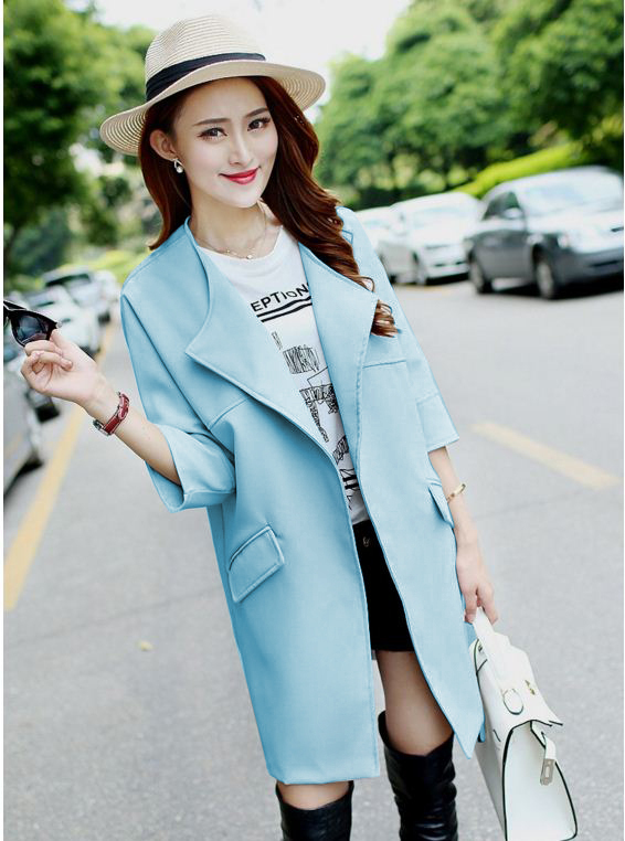 Áo khoác vest dáng dài có túi màu xanh 