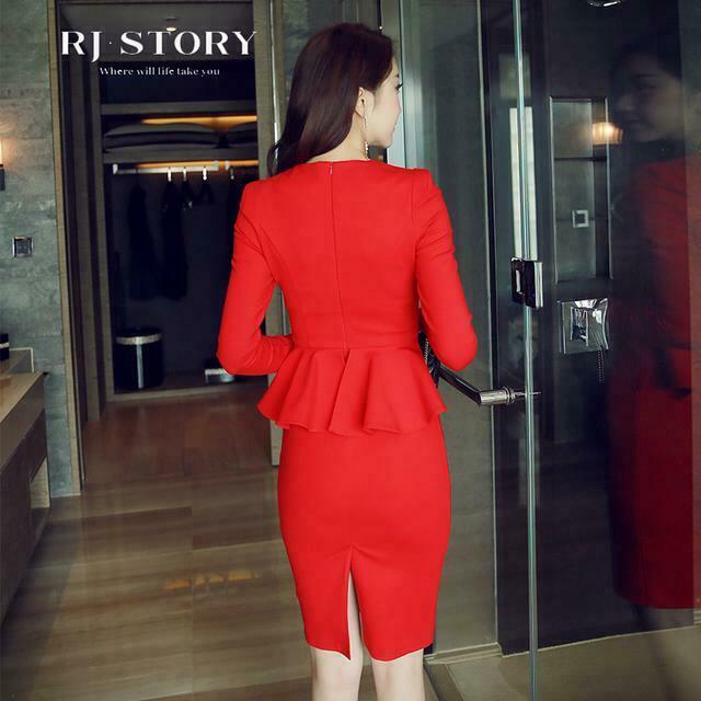 Đầm công sở tay dài cao cấp thiết kế peplum màu đỏ 