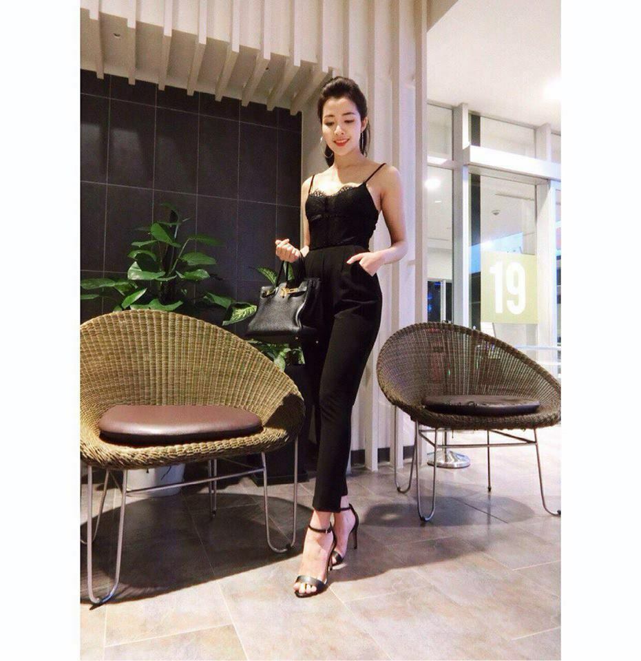 Bộ jumpsuit dài 2 dây phối ren màu đen 