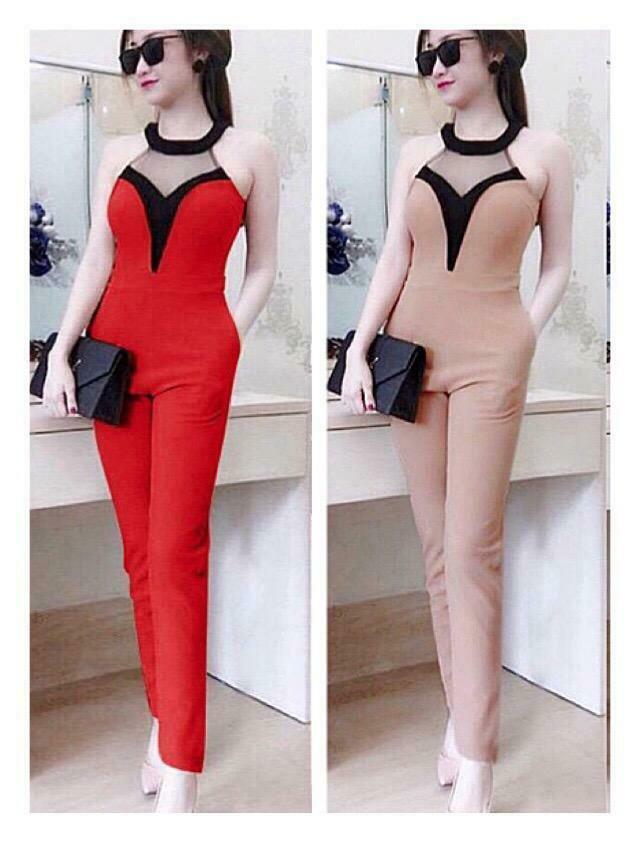 Bộ jumpsuit dài cổ yếm phối lưới hai màu đỏ đen 