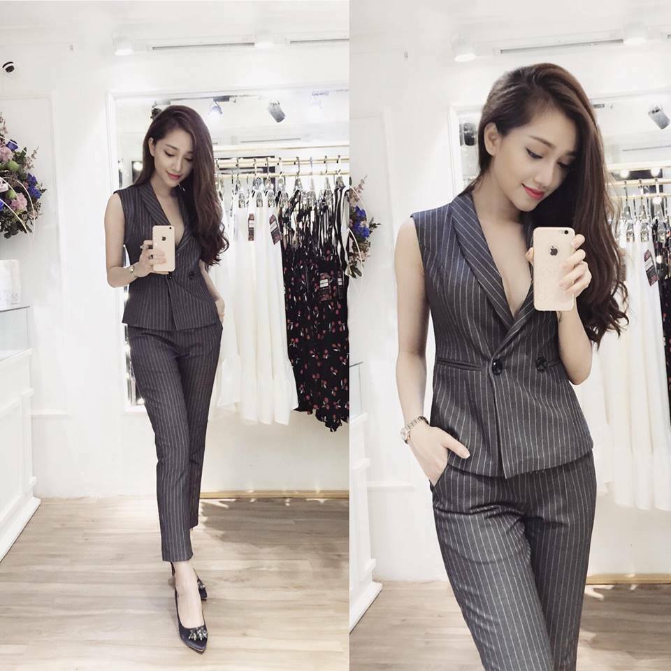 Bộ set sọc cổ vest hiện đại