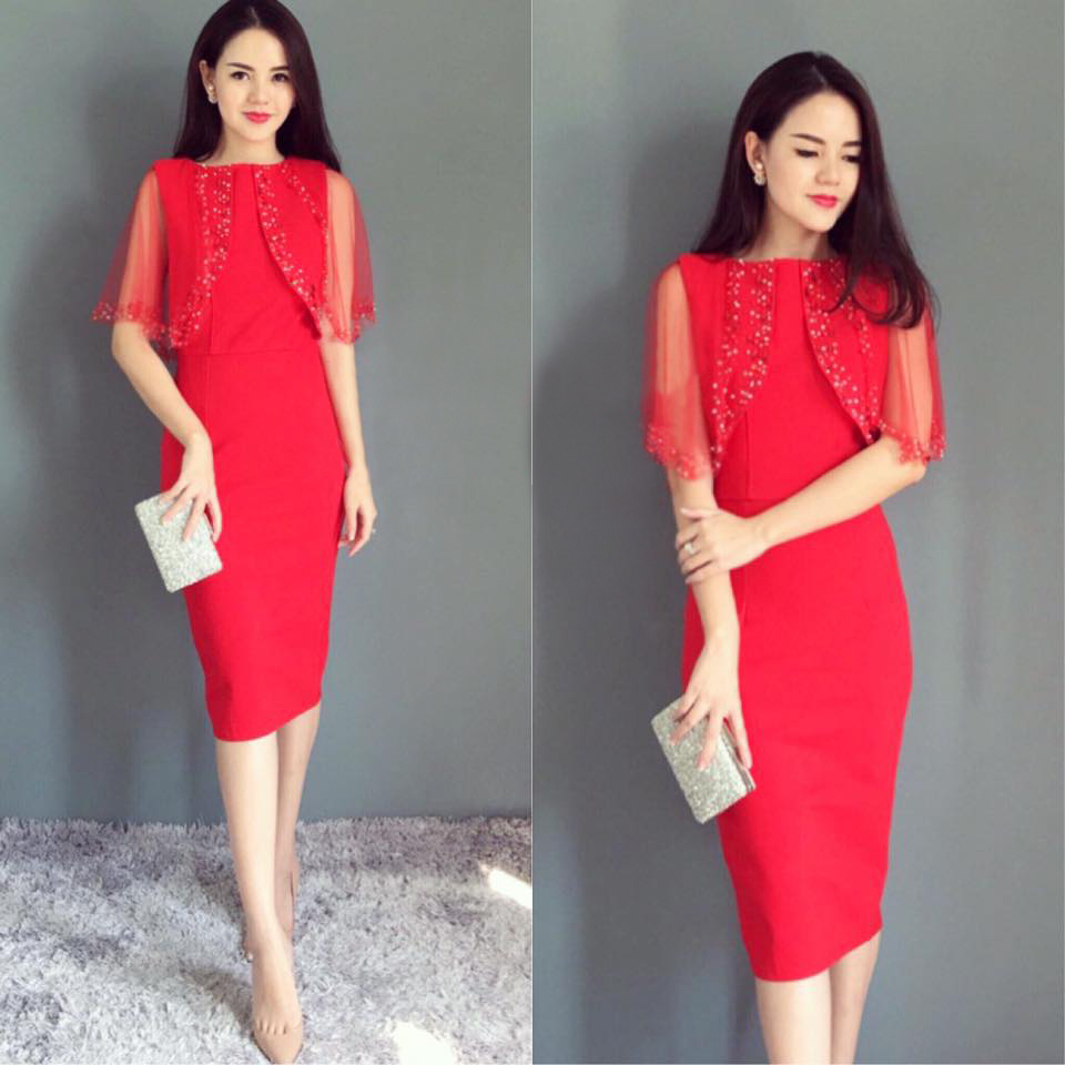 Đầm công sở, dự tiệc kết cườm màu đỏ sang trọng