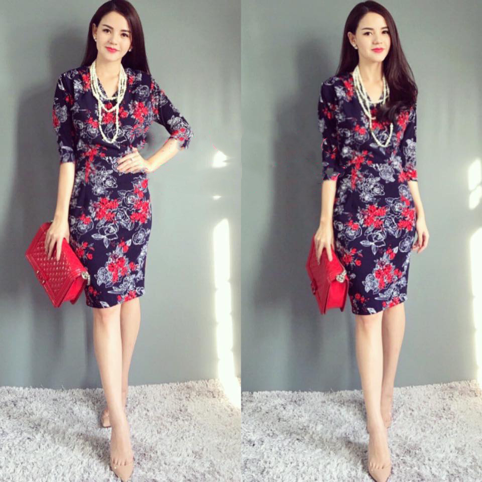 Đầm công sở màu xanh họa tiết hoa
