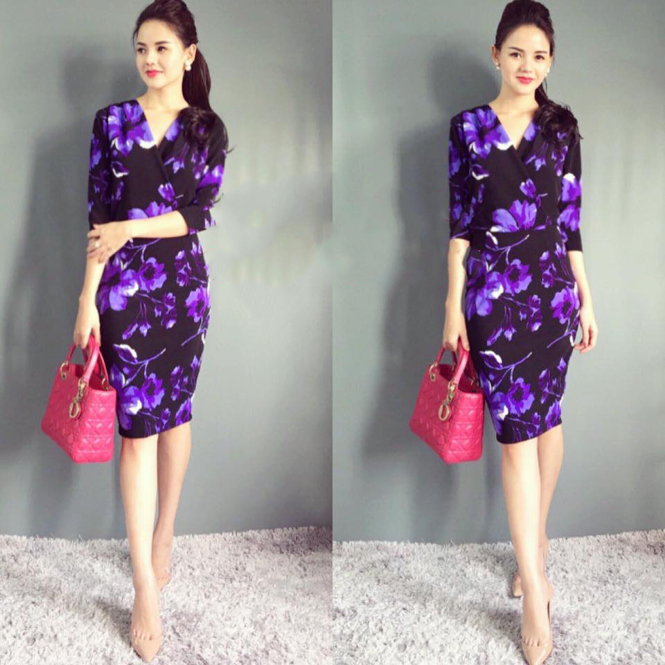 Đầm công sở màu xanh họa tiết hoa