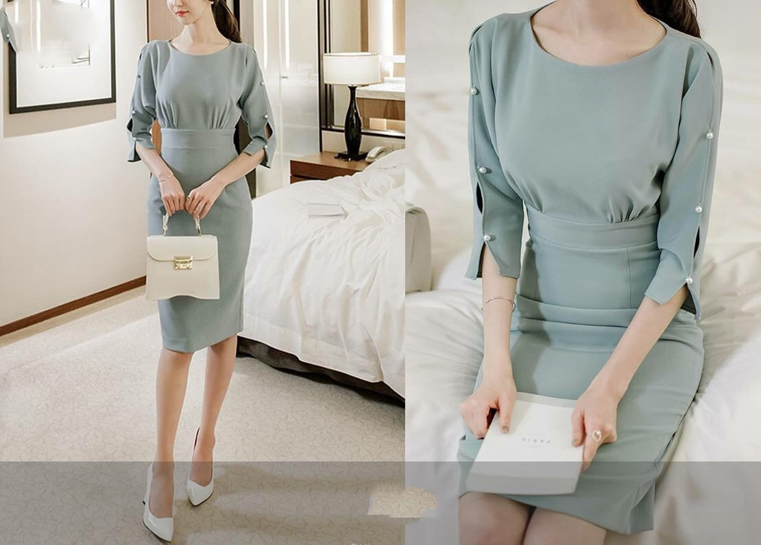Đầm công sở tay lỡ xẻ đính ngọc trai
