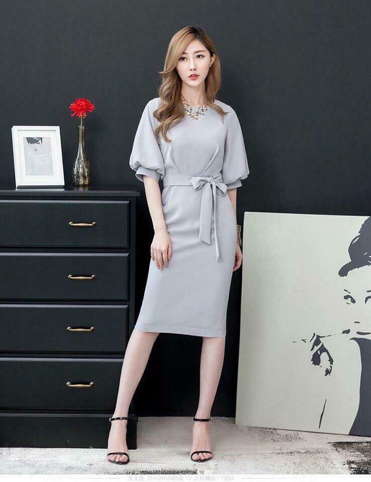 Đầm công sở tay phồng kèm thắt lưng dễ thương màu xám