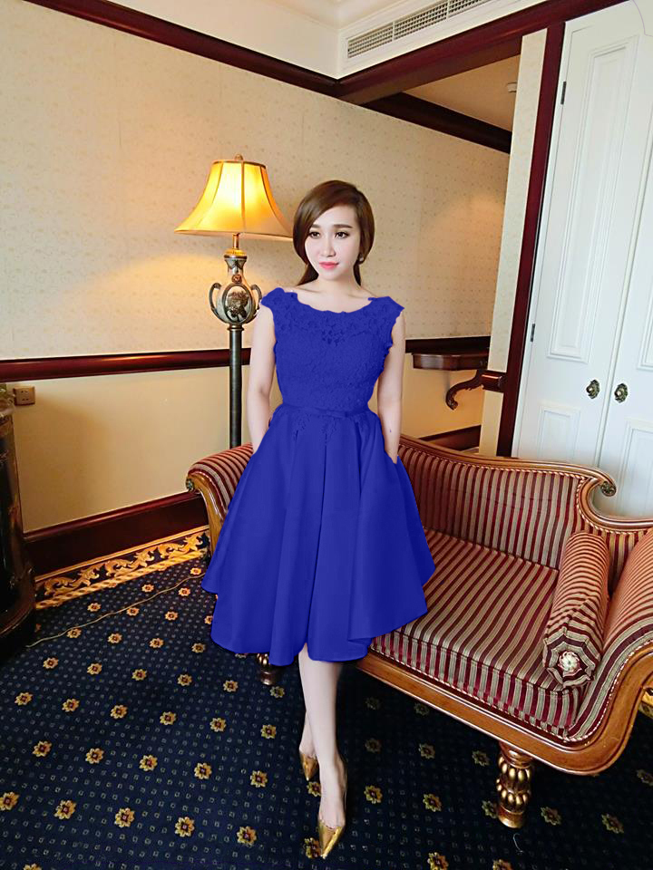 Đầm dự tiệc phối ren màu xanh xinh như công chúa