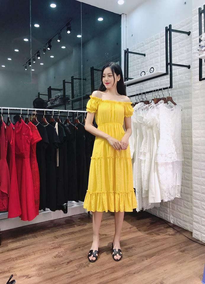 Đầm maxi trễ vai nhún bèo dễ thương