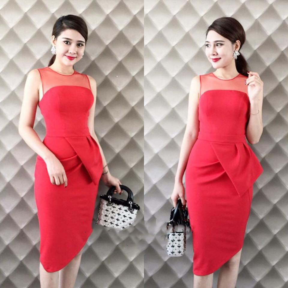 Đầm ôm sát nách phối lưới màu đỏ