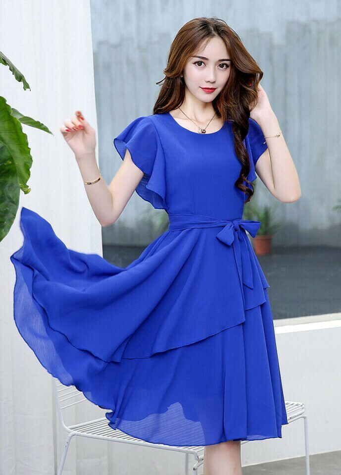 Đầm voan xòe thiết kế dễ thương màu xanh