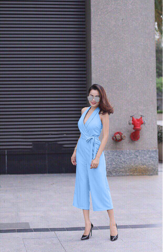 Jumpsuit liền quần cổ vest giống tóc tiên màu xanh 