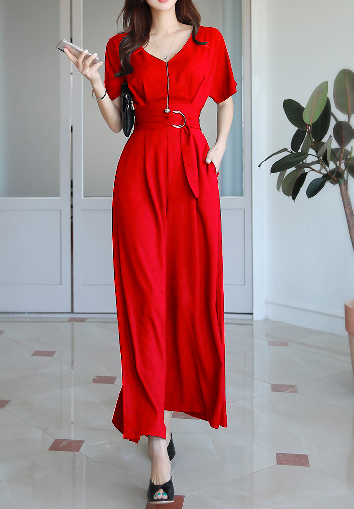 Jumpsuit ống suông dài thiết kế sang trọng màu đỏ xinh xắn