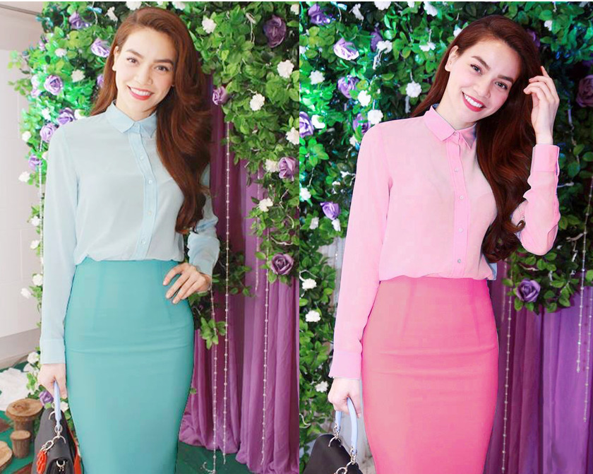 Set áo sơ mi chân váy bút chì màu xanh giống hồ ngọc hà