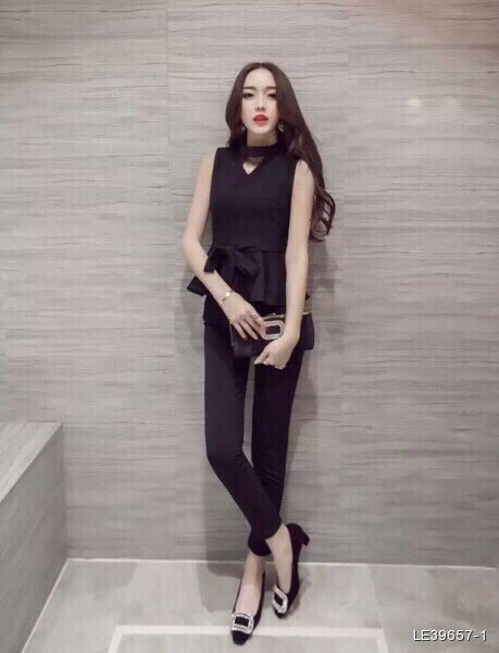 Set nguyên bộ áo peplum kèm thắt nơ màu đen 