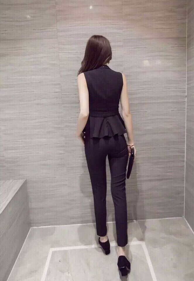 Set nguyên bộ áo peplum kèm thắt nơ màu đen 