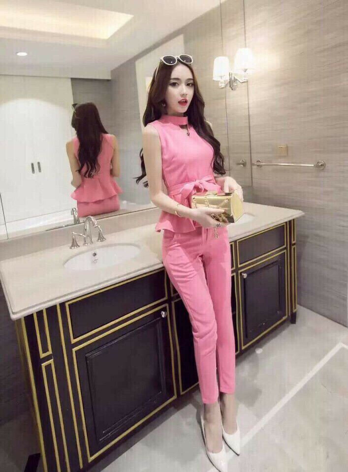 Set nguyên bộ áo peplum kèm thắt nơ màu hồng