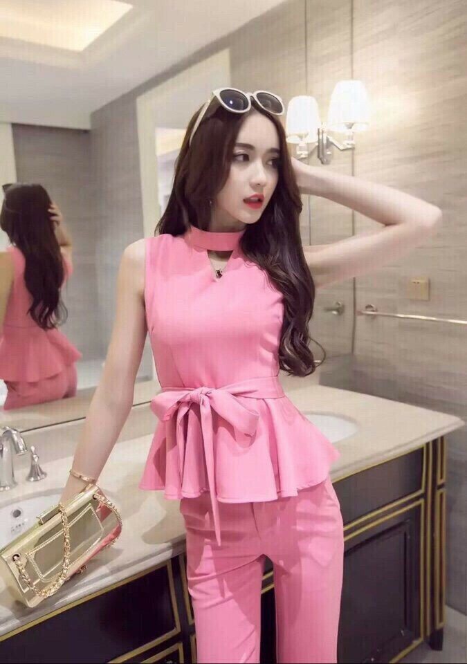 Set nguyên bộ áo peplum kèm thắt nơ màu hồng