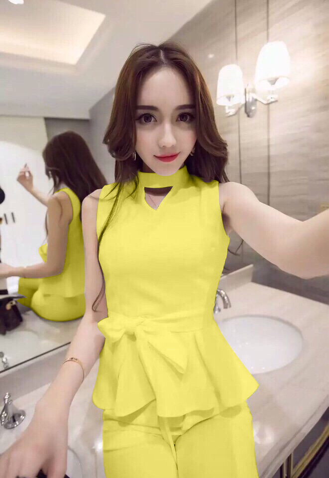 Set nguyên bộ áo peplum kèm thắt nơ màu vàng